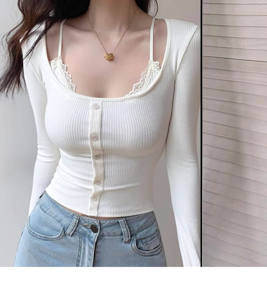 Scoop Neck Lace-Trimmed Tee with Long Sleeves
