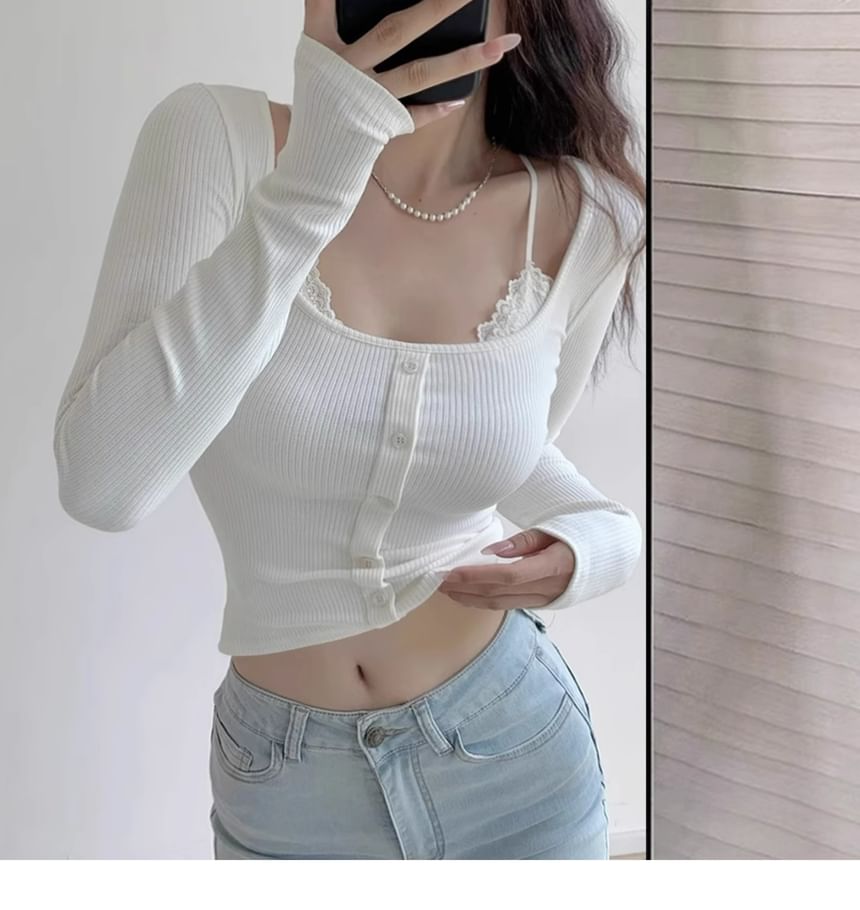 Scoop Neck Lace-Trimmed Tee with Long Sleeves