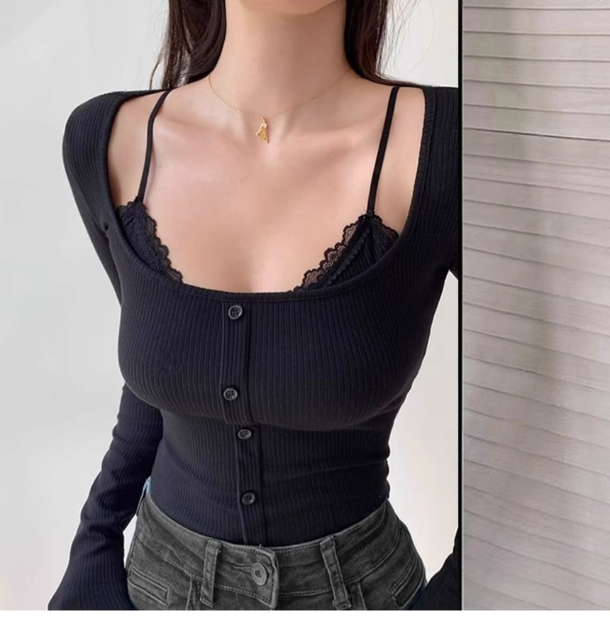 Scoop Neck Lace-Trimmed Tee with Long Sleeves