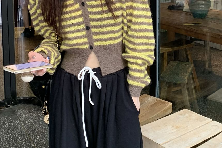 Striped V-Neck Button-Up Slit Crop Cardigan