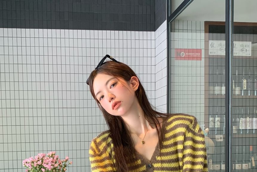 Striped V-Neck Button-Up Slit Crop Cardigan