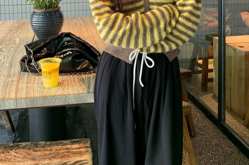 Striped V-Neck Button-Up Slit Crop Cardigan