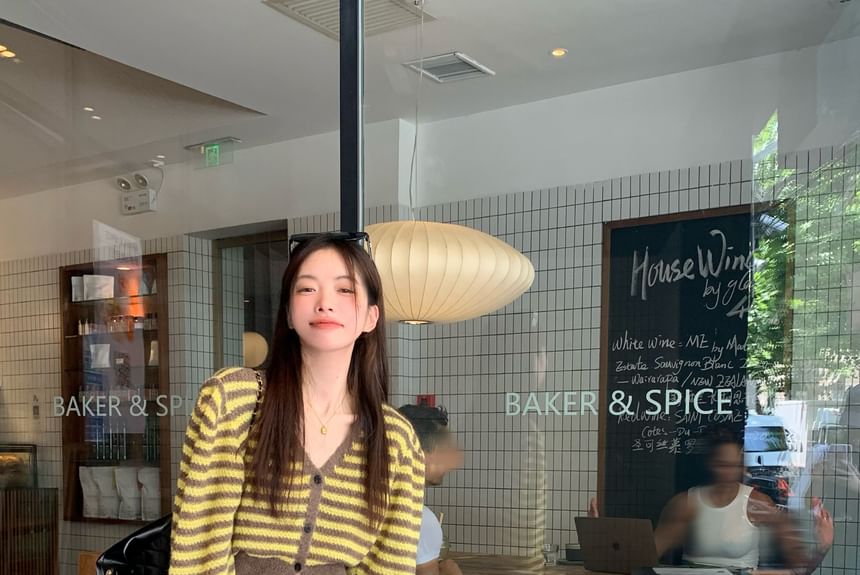 Striped V-Neck Button-Up Slit Crop Cardigan