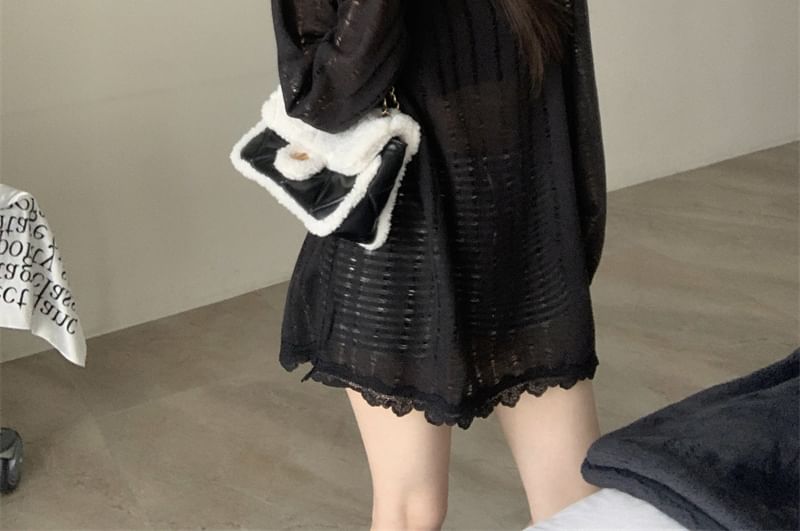 Hooded Perforated Lace Trim Sheer Knit Top