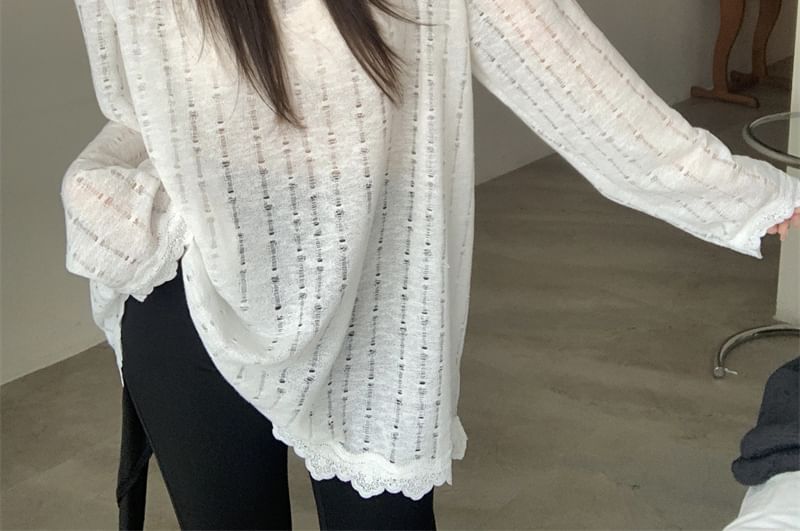 Hooded Perforated Lace Trim Sheer Knit Top