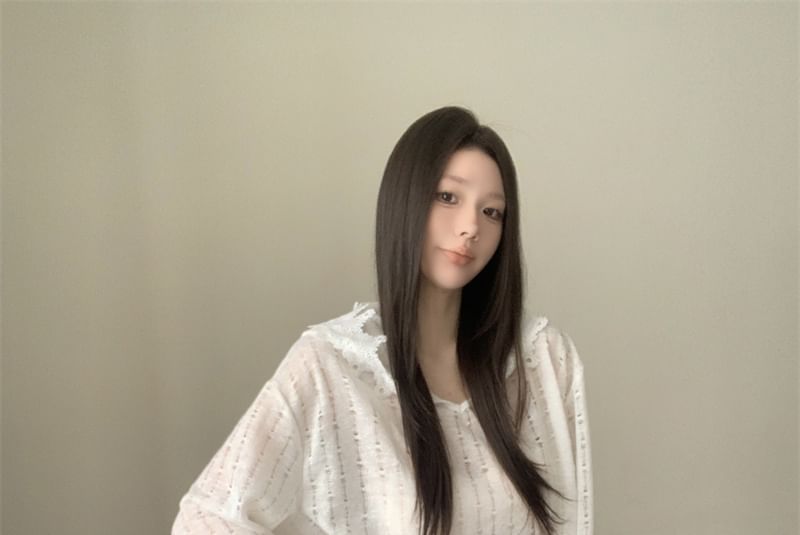 Hooded Perforated Lace Trim Sheer Knit Top