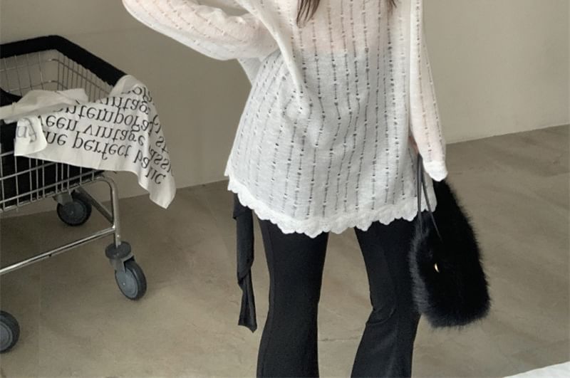 Hooded Perforated Lace Trim Sheer Knit Top