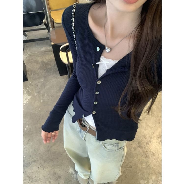 Crew Neck Button-Up Cropped Plain Cardigan