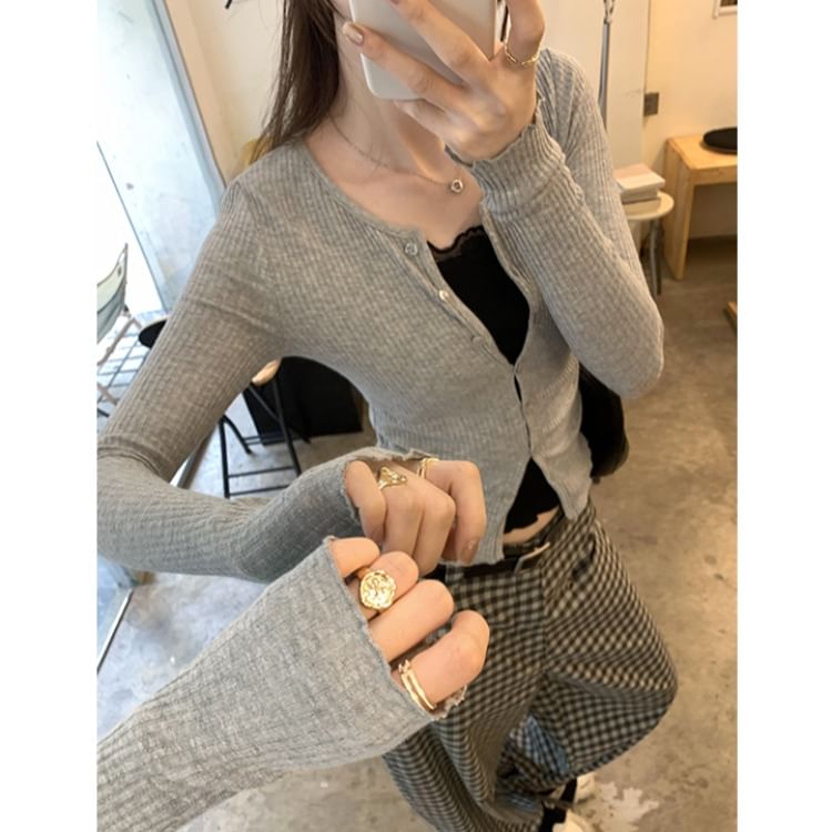 Crew Neck Button-Up Cropped Plain Cardigan