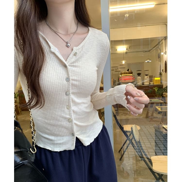 Crew Neck Button-Up Cropped Plain Cardigan