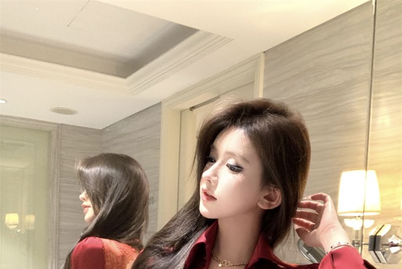 Flared Sleeve Ruched V-Neck Lace-Up Shirt