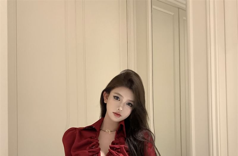 Flared Sleeve Ruched V-Neck Lace-Up Shirt