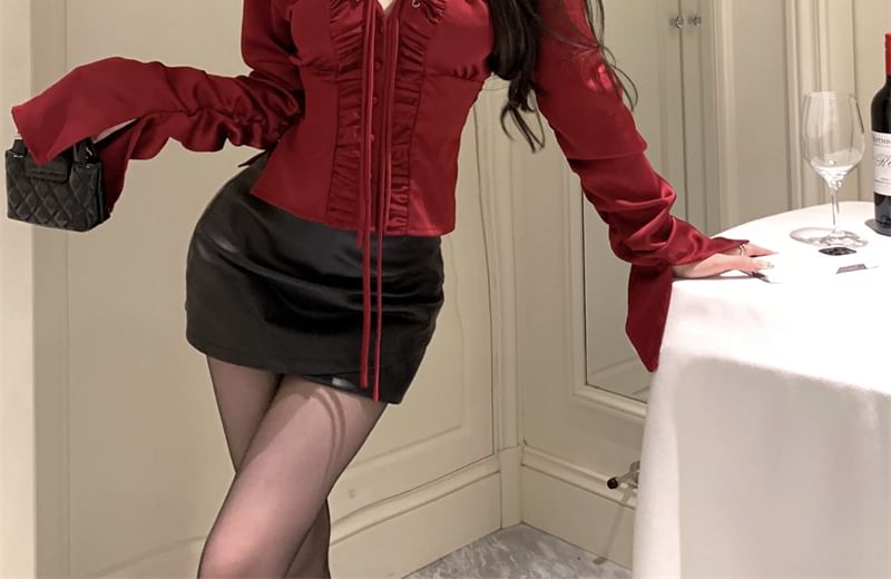 Flared Sleeve Ruched V-Neck Lace-Up Shirt