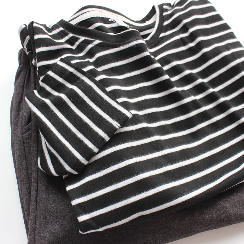 Couple Matching Pajama Set: Long-Sleeve Crew Neck Striped T-Shirt + Pants