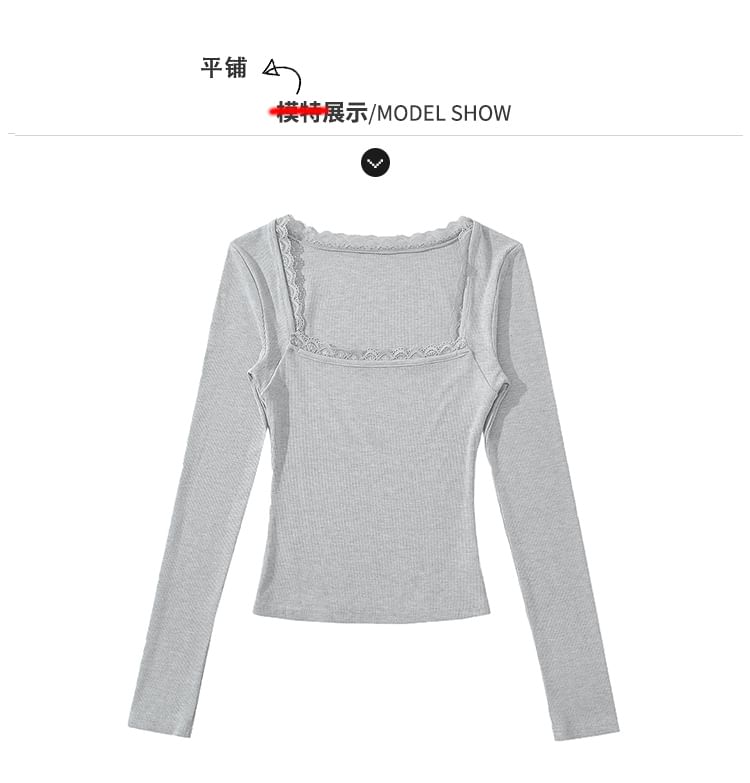 Square Neck Lace-Trimmed Cotton Tee