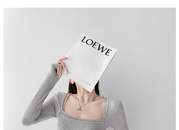 Square Neck Lace-Trimmed Cotton Tee