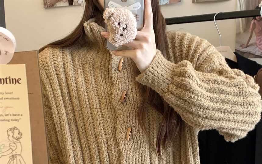 Turtleneck Chunky Knit Plain Cardigan