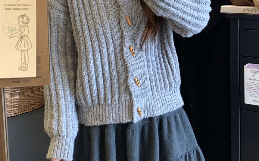 Turtleneck Chunky Knit Plain Cardigan