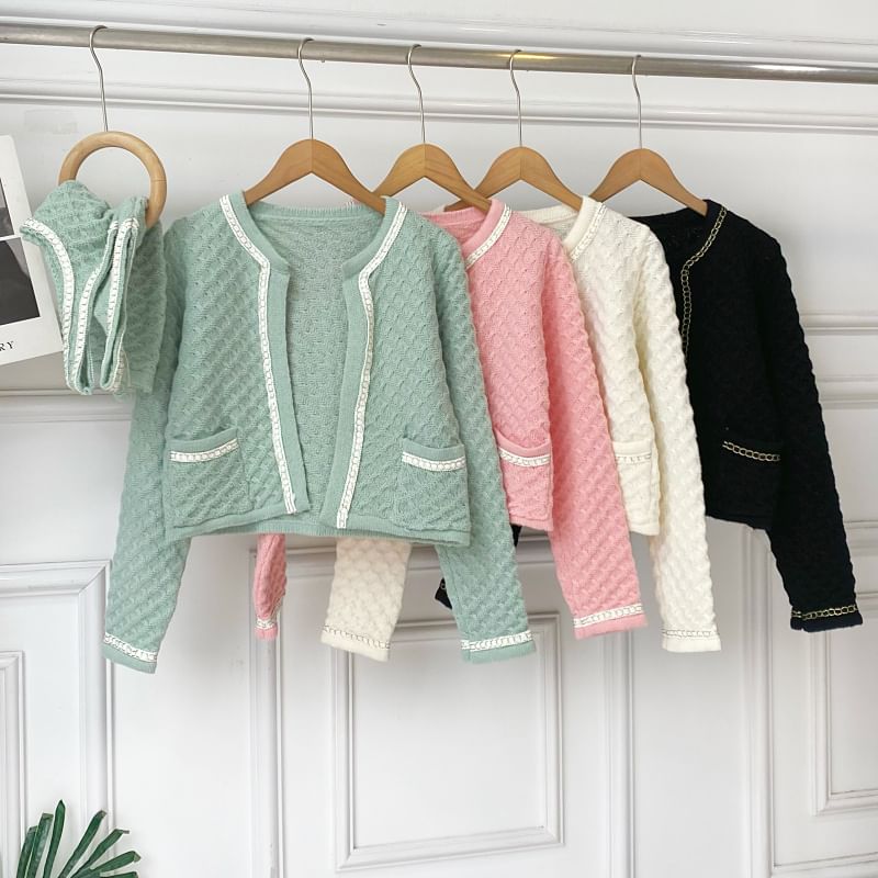 Set Chained Knit Tank Top with Round Neck Crop Cardigan