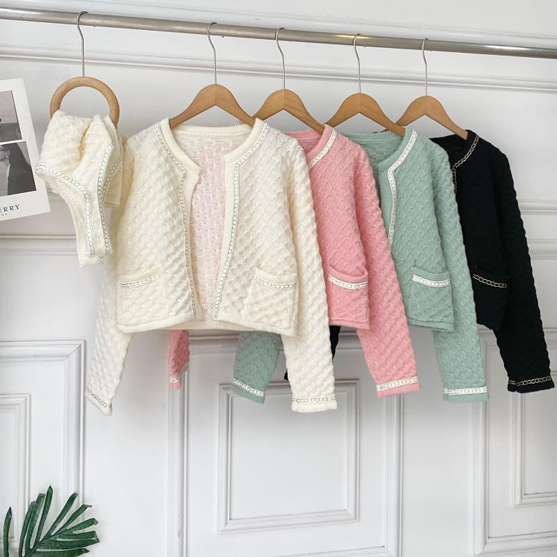 Set Chained Knit Tank Top with Round Neck Crop Cardigan