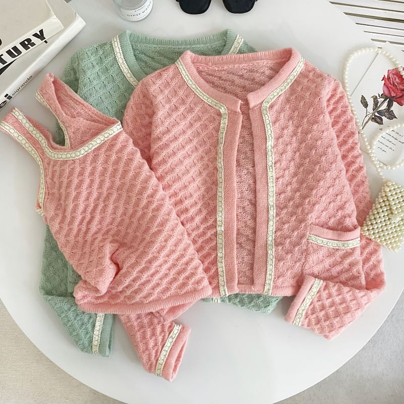Set Chained Knit Tank Top with Round Neck Crop Cardigan