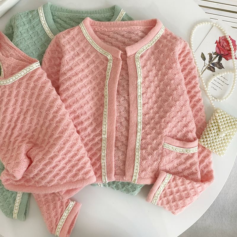 Set Chained Knit Tank Top with Round Neck Crop Cardigan