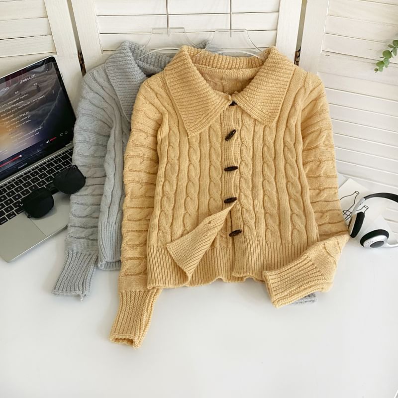 Set Collared Cable Knit Toggle Cardigan with Wide Leg Shorts