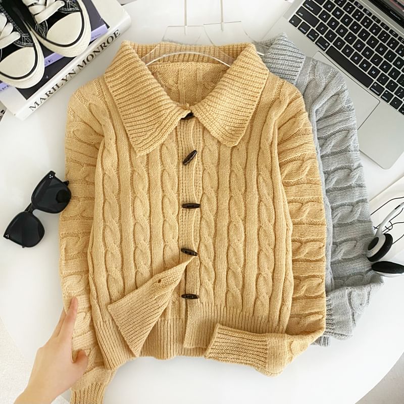 Set Collared Cable Knit Toggle Cardigan with Wide Leg Shorts
