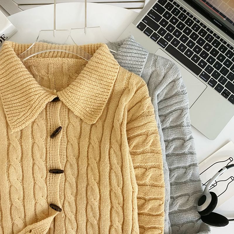 Set Collared Cable Knit Toggle Cardigan with Wide Leg Shorts