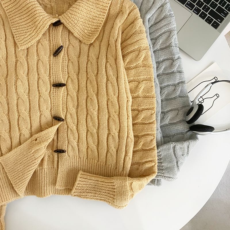 Set Collared Cable Knit Toggle Cardigan with Wide Leg Shorts