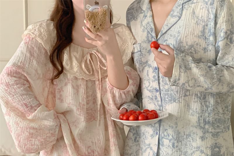 Couple Matching Pajama Set: Long Sleeve Patterned Print Top + Straight Leg Pants (Various Designs)