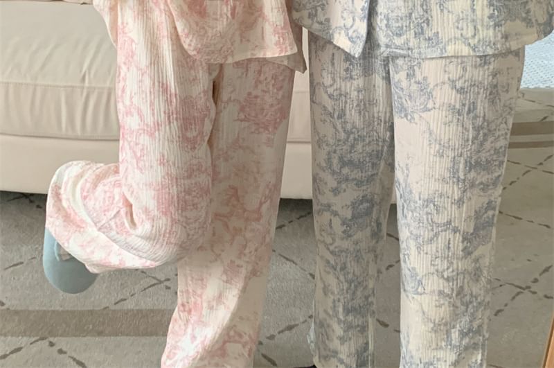 Couple Matching Pajama Set: Long Sleeve Patterned Print Top + Straight Leg Pants (Various Designs)