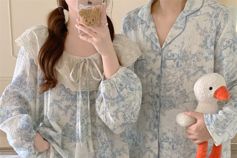 Couple Matching Pajama Set: Long Sleeve Patterned Print Top + Straight Leg Pants (Various Designs)