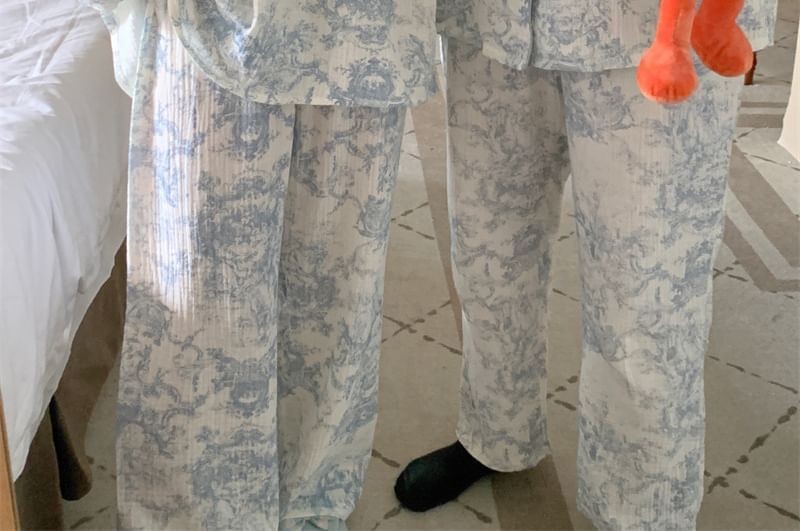 Couple Matching Pajama Set: Long Sleeve Patterned Print Top + Straight Leg Pants (Various Designs)