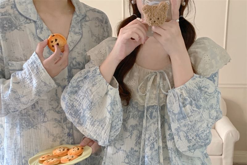 Couple Matching Pajama Set: Long Sleeve Patterned Print Top + Straight Leg Pants (Various Designs)