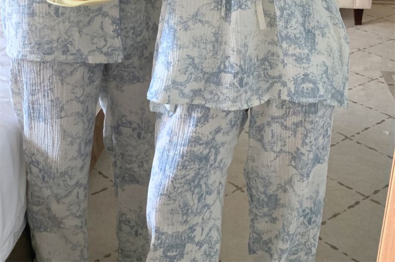 Couple Matching Pajama Set: Long Sleeve Patterned Print Top + Straight Leg Pants (Various Designs)