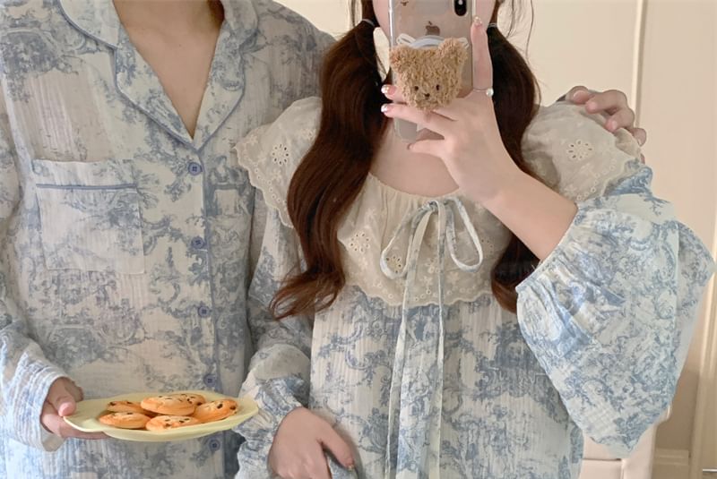 Couple Matching Pajama Set: Long Sleeve Patterned Print Top + Straight Leg Pants (Various Designs)