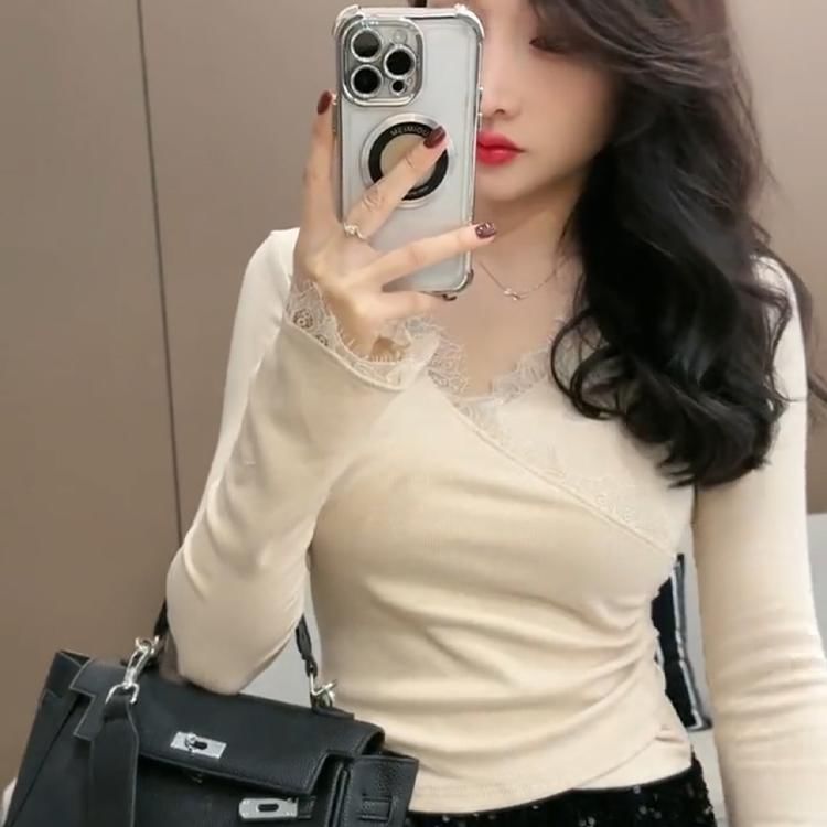 V-Neck Lace Panel Wrap Top with Long Sleeves