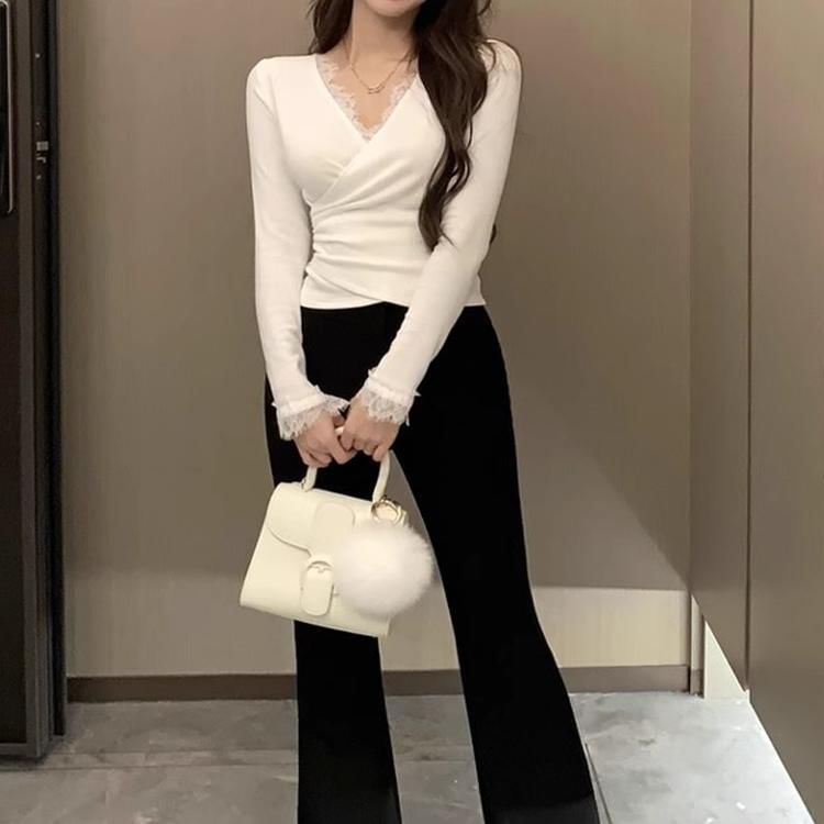 V-Neck Lace Panel Wrap Top with Long Sleeves