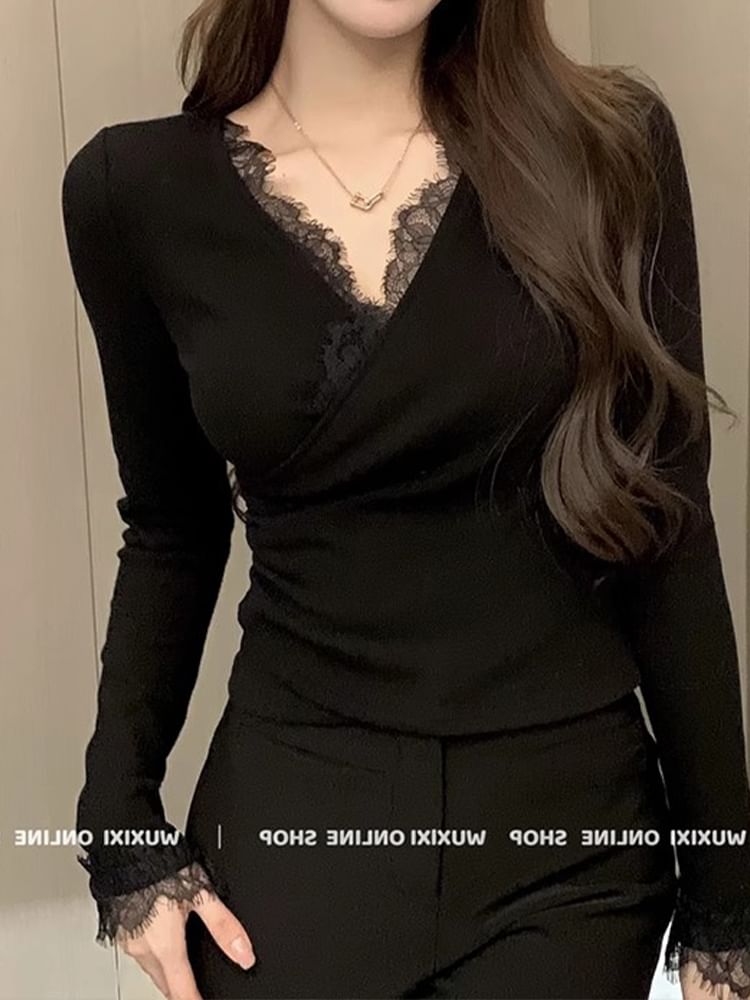 V-Neck Lace Panel Wrap Top with Long Sleeves
