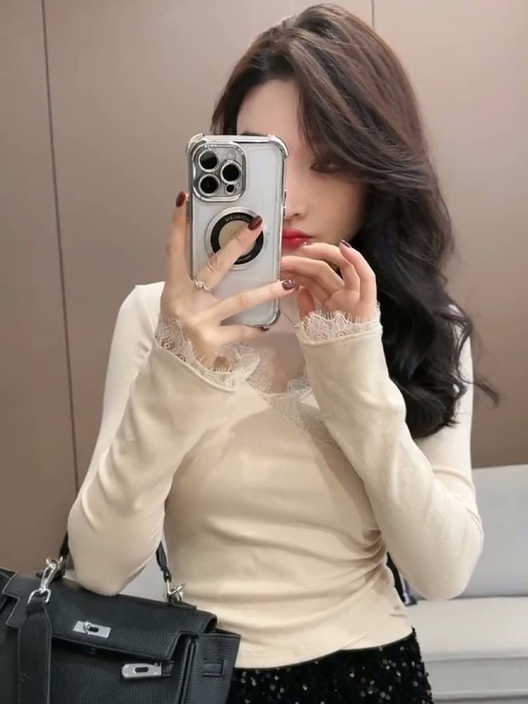 V-Neck Lace Panel Wrap Top with Long Sleeves