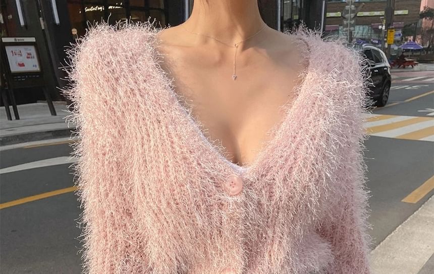 Cropped V-Neck Plain Cardigan