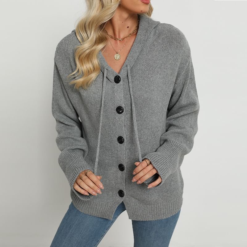 V-Neck Drawstring Hooded Cardigan