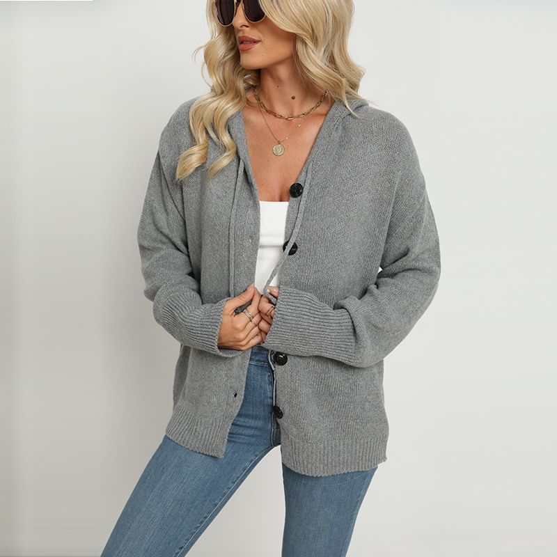 V-Neck Drawstring Hooded Cardigan