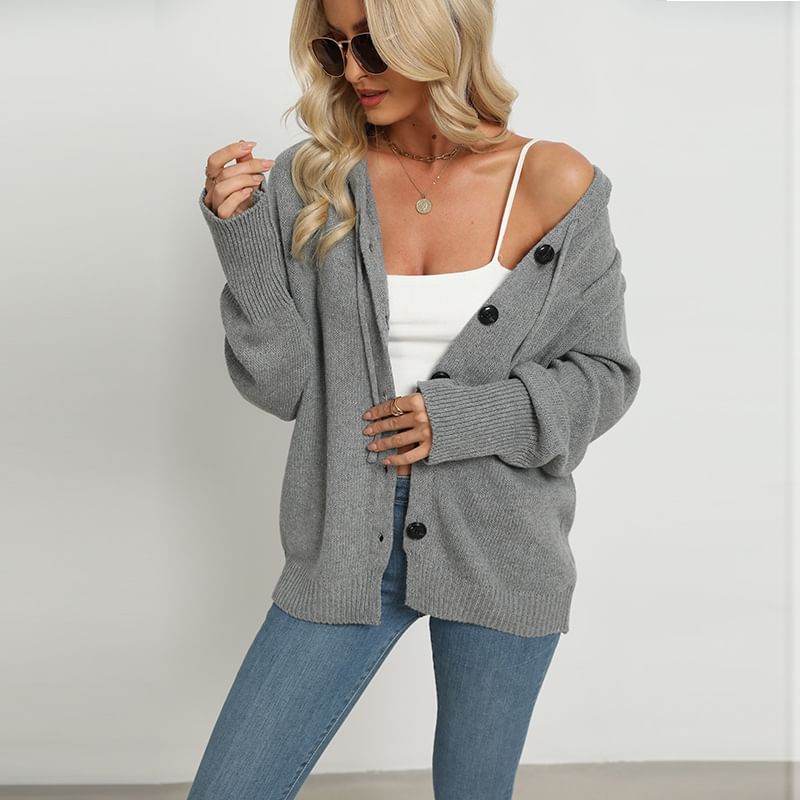 V-Neck Drawstring Hooded Cardigan