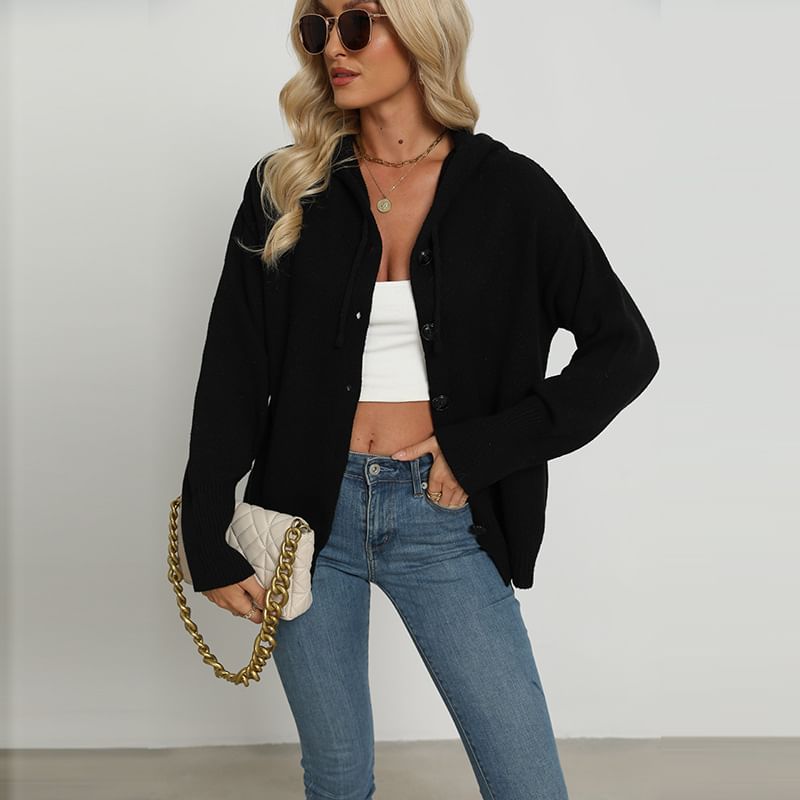 V-Neck Drawstring Hooded Cardigan