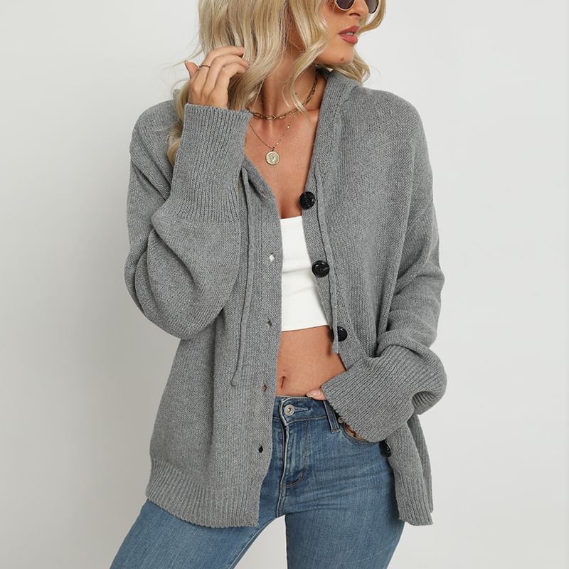 V-Neck Drawstring Hooded Cardigan