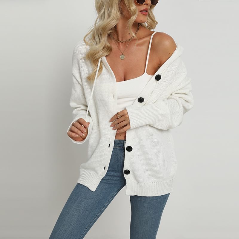 V-Neck Drawstring Hooded Cardigan