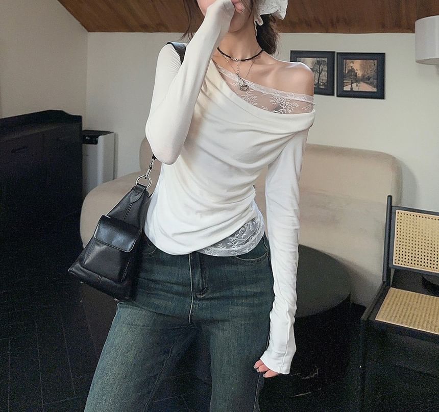 One-Shoulder Asymmetrical Lace Panel Top