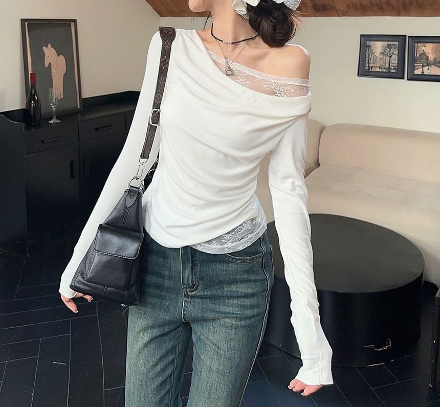One-Shoulder Asymmetrical Lace Panel Top